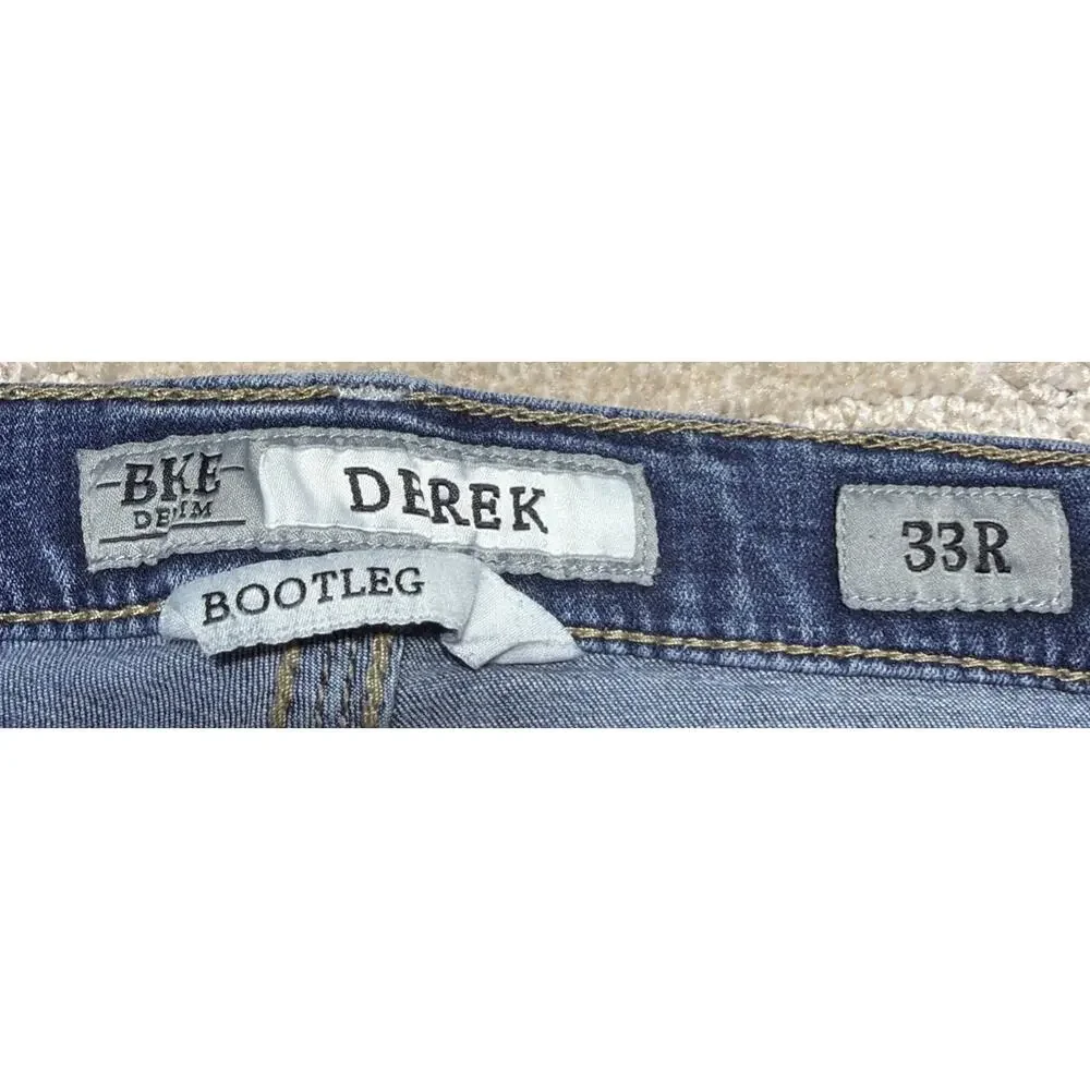 BKE Derek 33R Bootleg Denim Jeans Med Wash Thick Stitch Workwear Stained 33x31